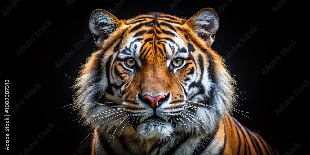 Fototapeta premium Majestic Tiger Portrait Against a Dramatic Black Background Showcasing Strength and Beauty