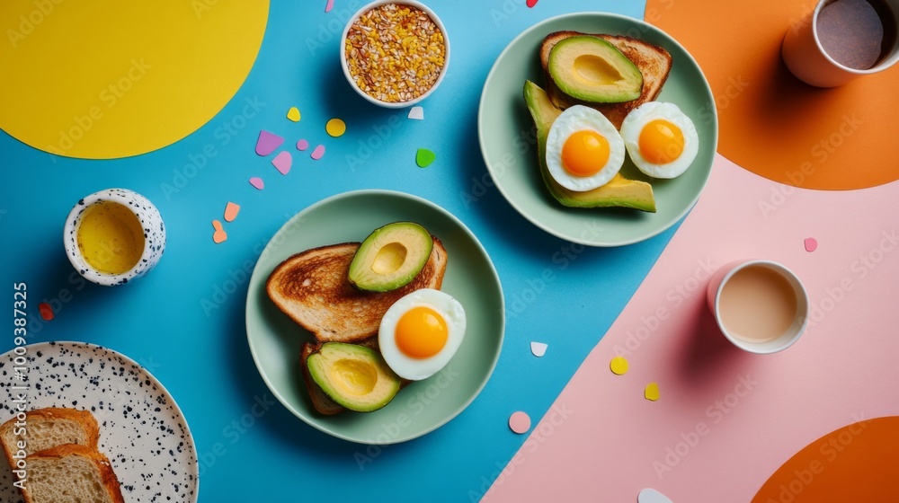 Colorful Breakfast with Avocado and Eggs on Table Colorful Breakfast with Avocado and Eggs on Table