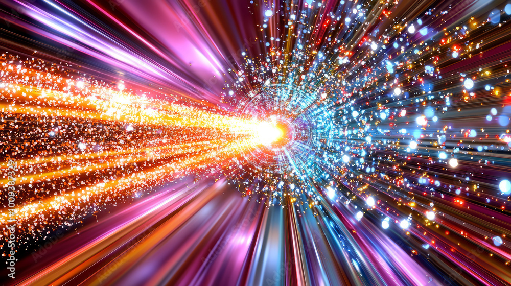 Obraz premium vibrant explosion of colorful lights and particles creates dynamic, energetic scene, resembling cosmic event or futuristic display. bright, radiant beams form captivating spectacle