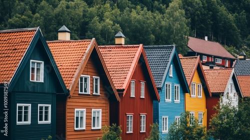 A row of colorful wooden houses in Tromso. The buildings have red roof tiles and feature different colors for the walls, creating an eye-catching contrast against the green trees on both sides. 