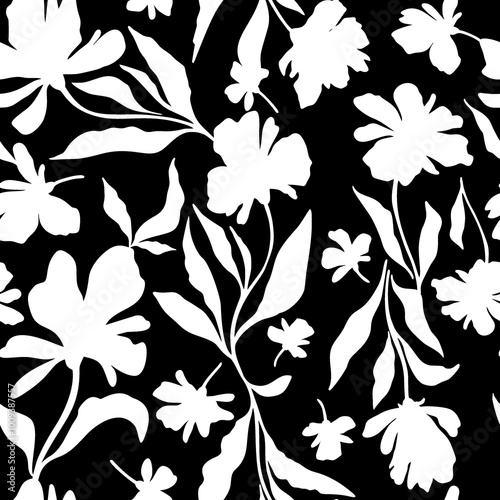 Seamless contrast ink floral laconic black and white handmade ink drawing for fabric design, decor, ceramics, greeting cards, flowers on black background