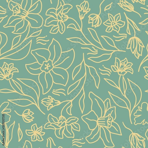 Seamless floral laconic linear continuous handmade pattern for fabric design, decor, ceramics, greeting cards, flowers, texture print for backgrounds 