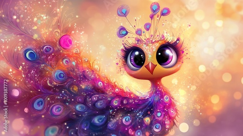 A cute cartoon peacock with big eyes and sparkly feathers.