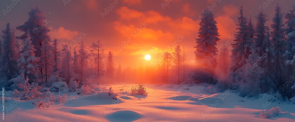 Winter wonderland with a stunning sunset over a snow-covered forest. Winter wonderland with a stunning sunset over a snow-covered forest.