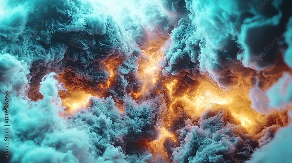 Fiery bursts of light illuminate swirling dark clouds, creating dramatic and intense sky. overcast atmosphere is both threatening and mesmerizing, evoking sense of awe
