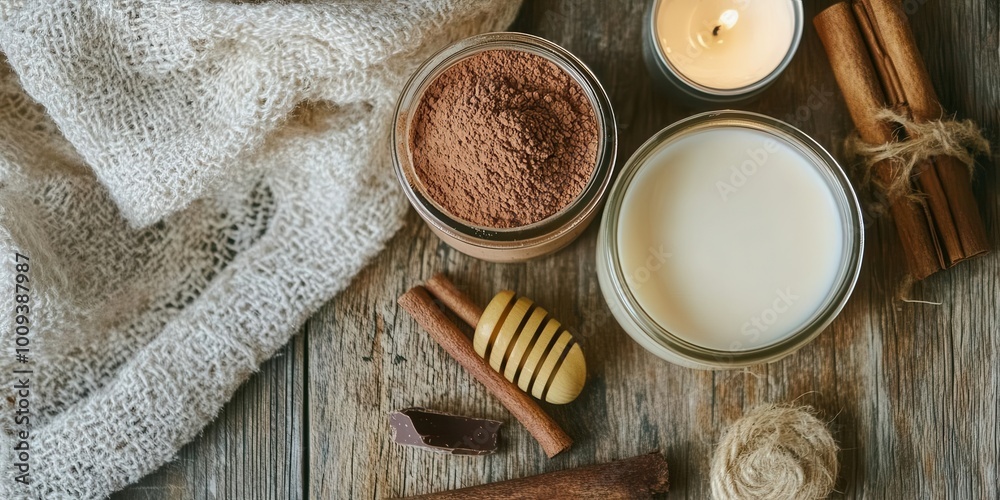 A cozy arrangement with candles, cocoa powder, and cinnamon, evoking warmth and relaxation. A cozy arrangement with candles, cocoa powder, and cinnamon, evoking warmth and relaxation.