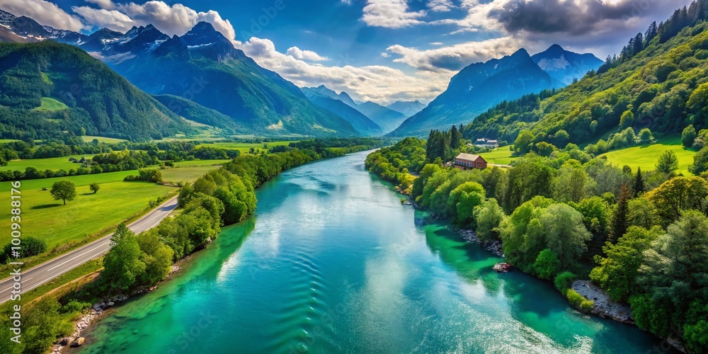 Majestic View of the Longest River in Switzerland Surrounded by Lush Greenery and Scenic Mountains Majestic View of the Longest River in Switzerland Surrounded by Lush Greenery and Scenic Mountains