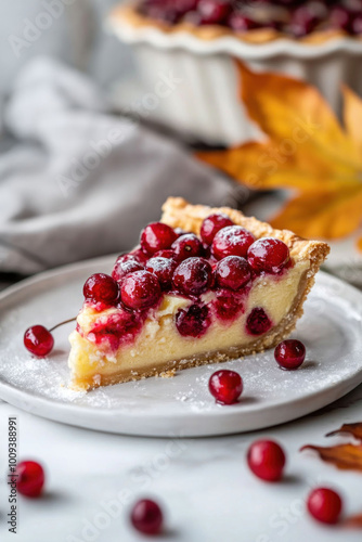  Slice of cherry cheesecake pie on a plate, sitting next to the whole pie in the background on a white table with grey cloth and yellow leaf in the background. Festive thanksgiving dessert concept.