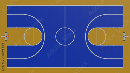 Top view of a basketball court floor with lines on a blue and orange background