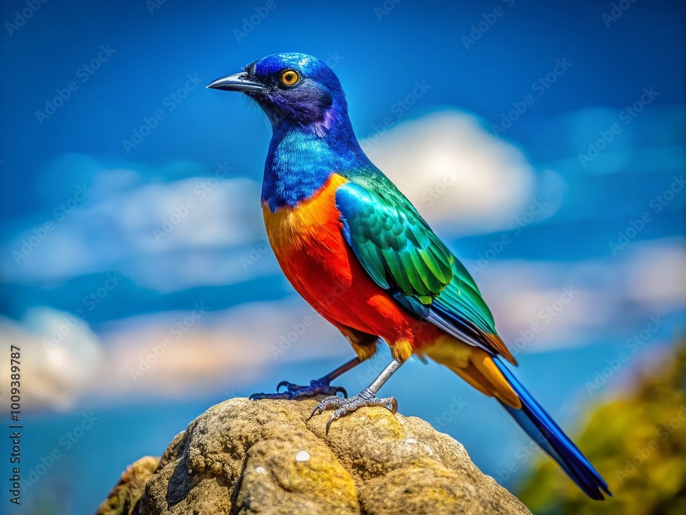 Fototapeta premium Majestic Zamuro Bird Perched on a Rock Against a Clear Blue Sky in Its Natural Habitat