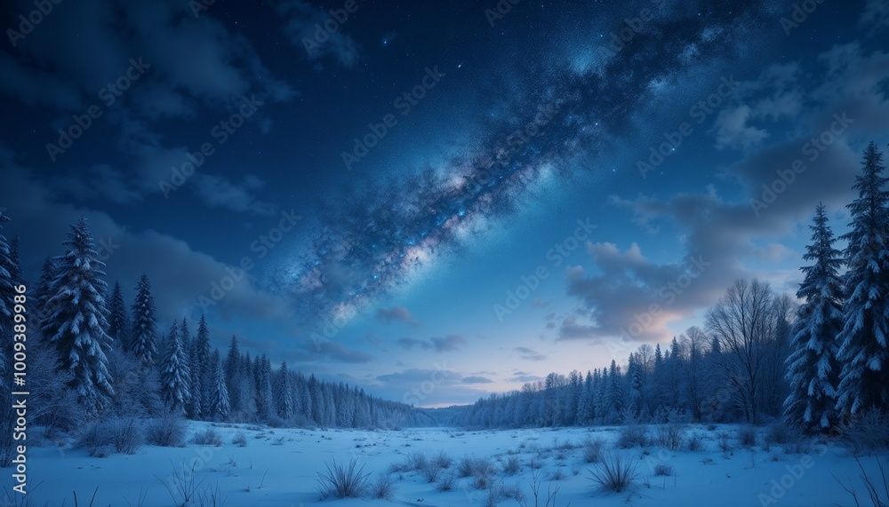 Obraz premium Winter landscape with starry sky at twilight over a snowy field and pine forest