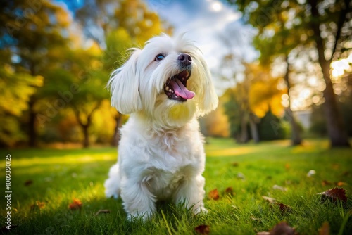 Maltese Dog Howling in the Park, Capturing an Adorable Moment of Canine Expression and Joy