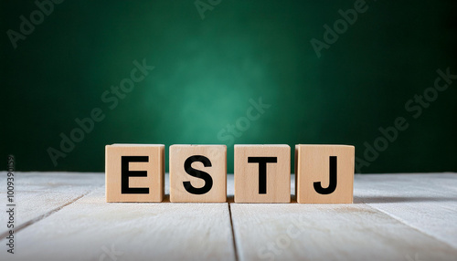 Wooden cubes with abbreviation ESTJ. Extraverted, Sensing, Thinking, Judging. Personality type. photo