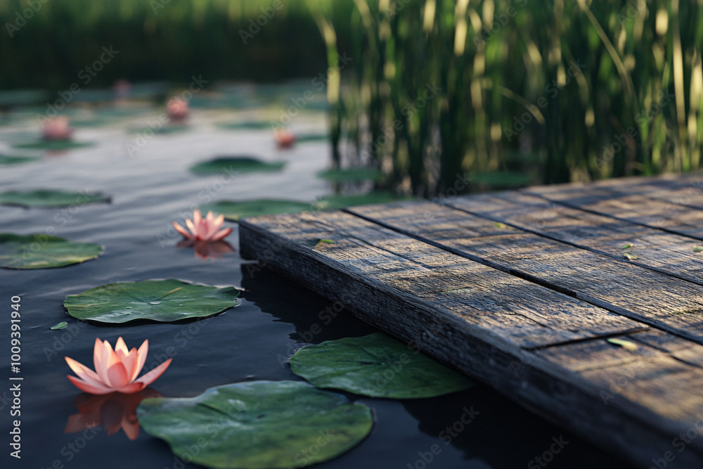 A wooden dock extends over a still pond with pink water lilies and lily pads floating on the surface
A wooden dock extends over a still pond with pink water lilies and lily pads floating on the surface