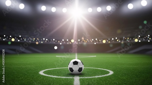 Game Time, Soccer Field Under Bright Stadium Lights, Featuring a Classic Black and White Soccer Ball on the Center Line with Blurred Stadium Seating and a Dramatic Spotlight