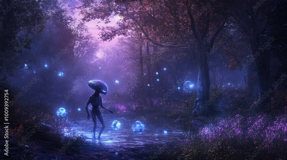 Fototapeta premium A mystical scene featuring an alien figure in a glowing forest with ethereal lights.