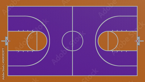 Top view of a basketball court floor with lines on a purple and orange background