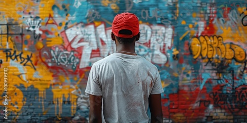 Close-up of a man against a wall with urban graffiti