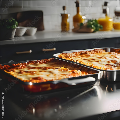 Baked hot deliciuos lasagna in a baking dish on a modern kitchen photo