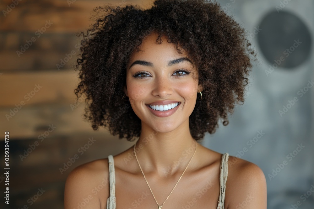 Beautiful woman with Afro hair laughing cheerfully in a studio, Generative AI Beautiful woman with Afro hair laughing cheerfully in a studio, Generative AI