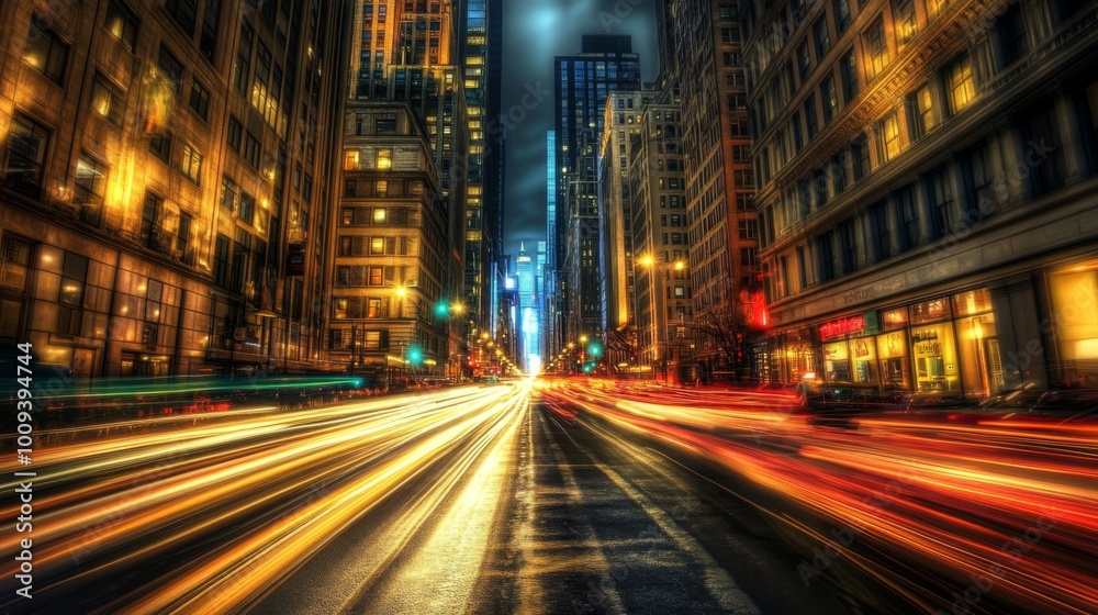 Nighttime Cityscape with Moving Lights and Buildings Nighttime Cityscape with Moving Lights and Buildings