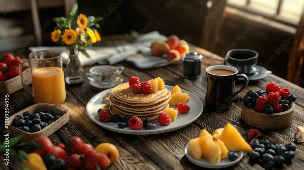 A gourmet breakfast spread with pancakes, fresh fruit, and coffee, beautifully arranged on a rustic wooden table A gourmet breakfast spread with pancakes, fresh fruit, and coffee, beautifully arranged on a rustic wooden table