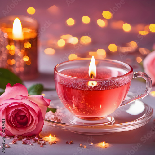 A candle in shape of a cup with pink tea on a saucer, burns against background of roses and lights