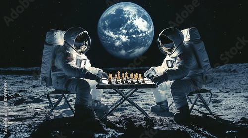 Two astronauts in full space suits sit at a foldable table on the surface of the Moon, intensely focused on a chess game. Earth hangs majestically in the background, and the pieces on the board appear photo