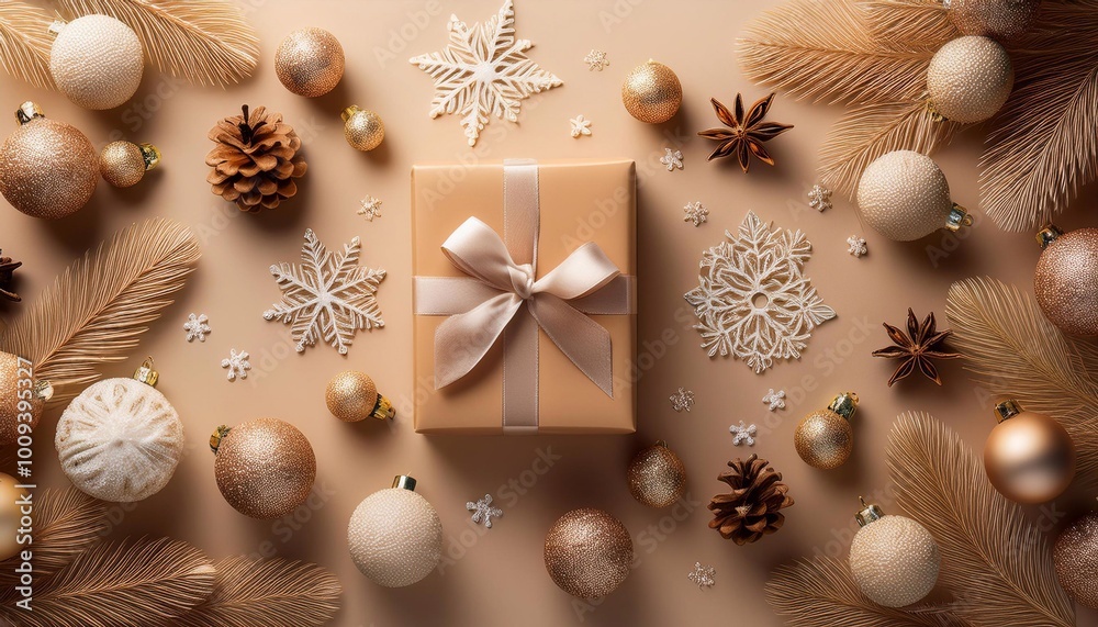 Winter banner and layout, gift and toys snowflakes scattered on bright background, space for text. Christmas, holiday and greetings concept Winter banner and layout, gift and toys snowflakes scattered on bright background, space for text. Christmas, holiday and greetings concept