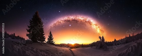 Stunning Galactic Arch Over Snowy Landscape at Dusk