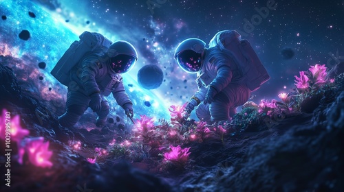 A group of astronauts in sleek space suits carefully tending to a garden of otherworldly, glowing plants on the surface of a small asteroid, with a backdrop of distant galaxies and swirling nebulae