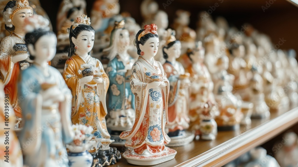 Artistic shot of hand-painted porcelain figurines, arranged neatly on a display shelf, highlighting the delicate craftsmanship. Artistic shot of hand-painted porcelain figurines, arranged neatly on a display shelf, highlighting the delicate craftsmanship.