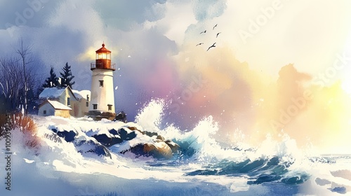 A serene winter morning at a coastal lighthouse with crashing waves, illuminated by the golden glow of sunrise amidst a chilly, snow-covered landscape