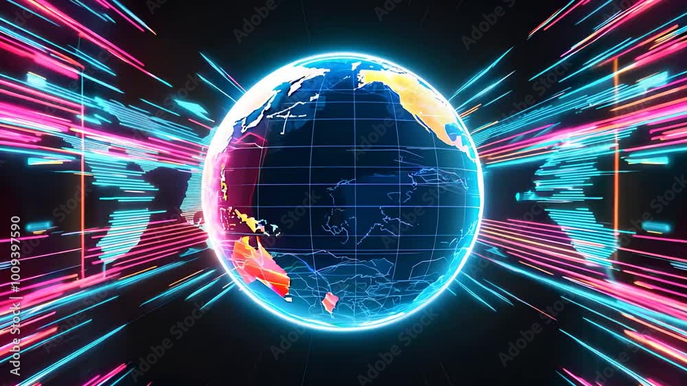 Digital Globe with Neon Data Streams and Global Connections