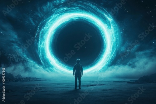 An astronaut standing in front of a black hole, back view.