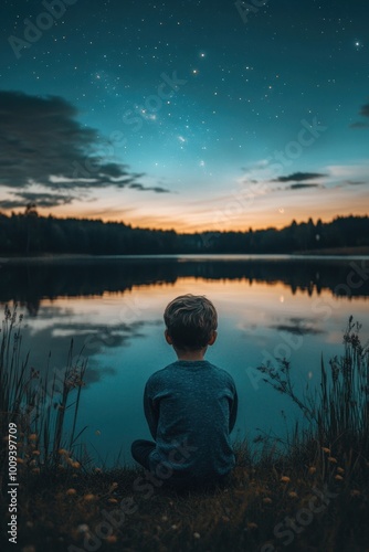 A child gazes at a serene lake under a starry sky at sunset.