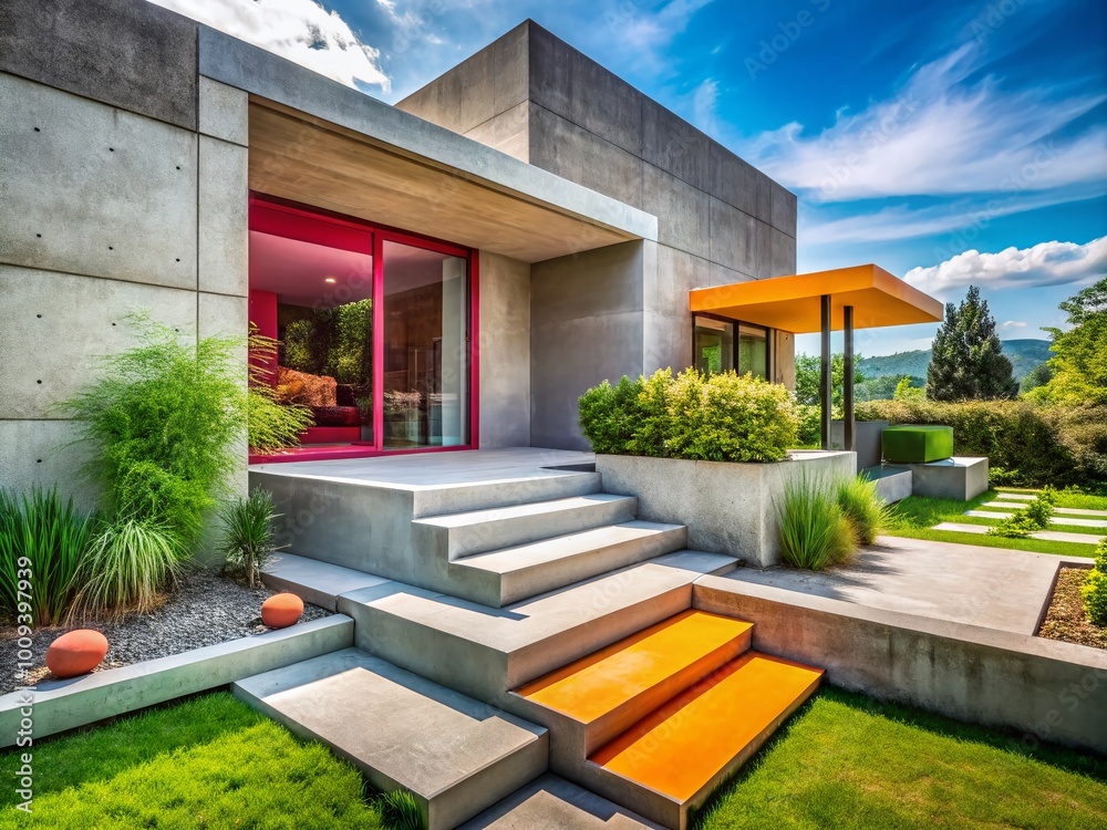 Fototapeta premium Modern Entrance with Floating Concrete Steps Leading to a Minimalist Outdoor Space and Garden
