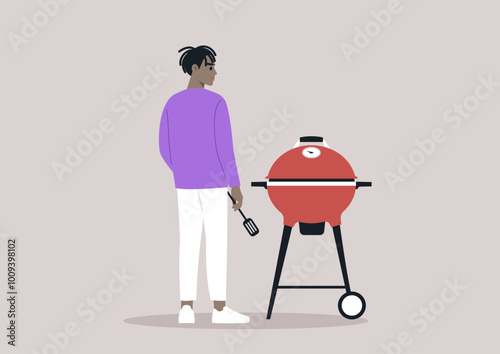 A culinary enthusiast stands confidently with a spatula in hand, ready to grill delicious food on a bright red barbecue grill, enjoying a beautiful day outdoors