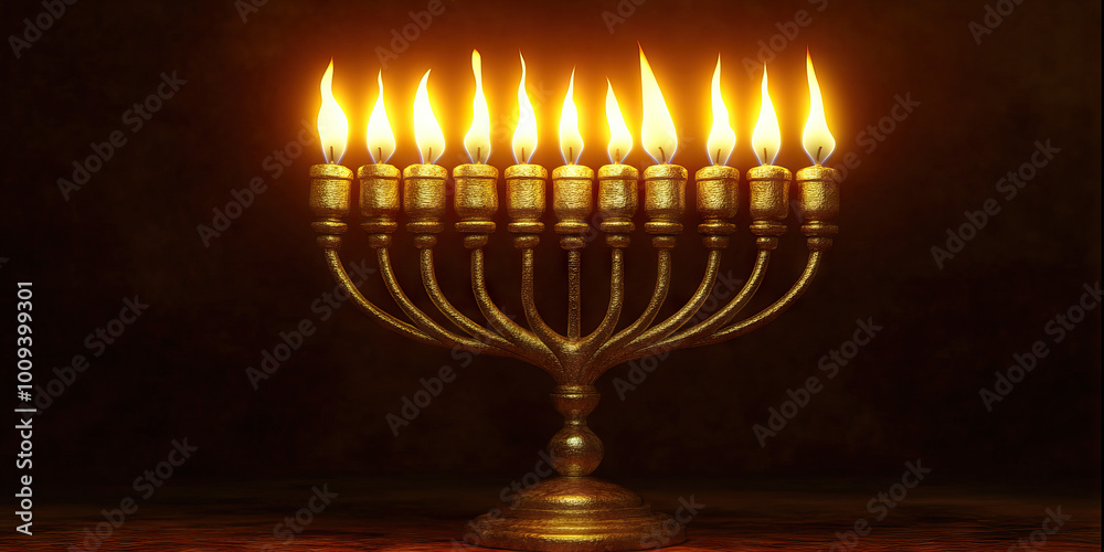 A traditional Hanukkah menorah, its eight golden candles flickering against a warm, earthy brown background. A traditional Hanukkah menorah, its eight golden candles flickering against a warm, earthy brown background.