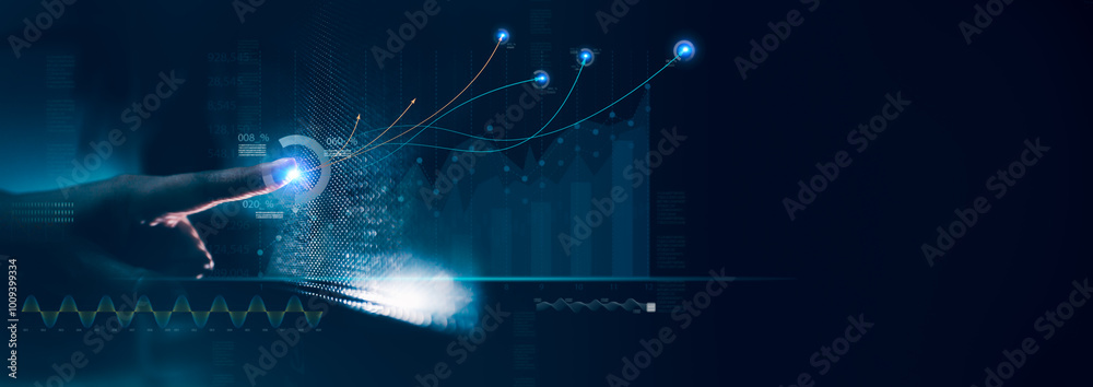 Futuristic hand touching a glowing sphere with digital connections, symbolizing innovation and technology integration.