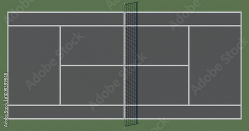 Top view of a tennis court floor with lines on a grey and green background