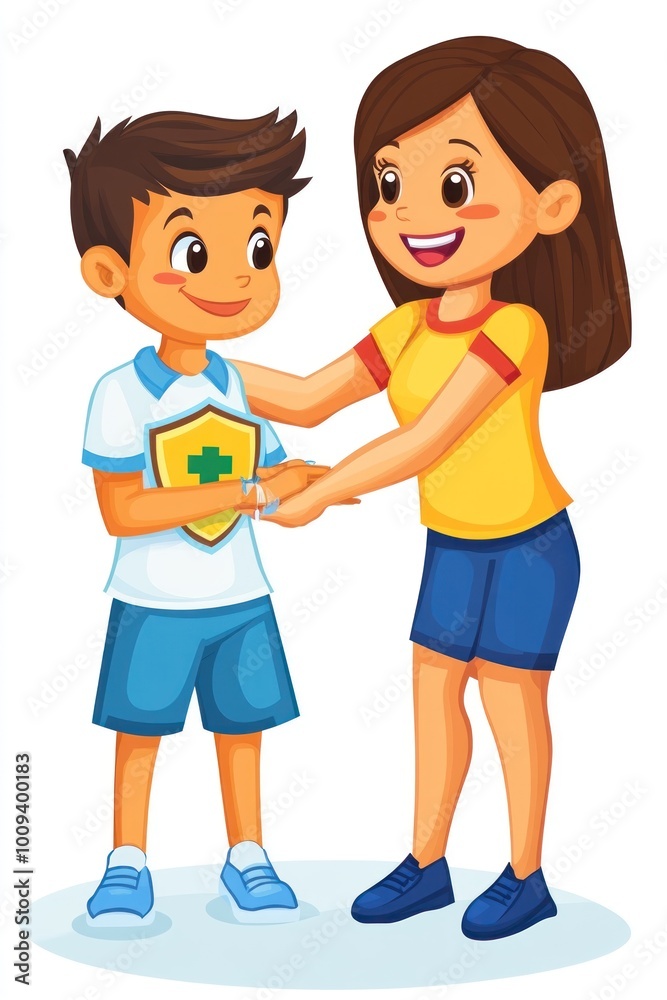 A woman presents a health shield to a boy, promoting health awareness and safety. A woman presents a health shield to a boy, promoting health awareness and safety.
