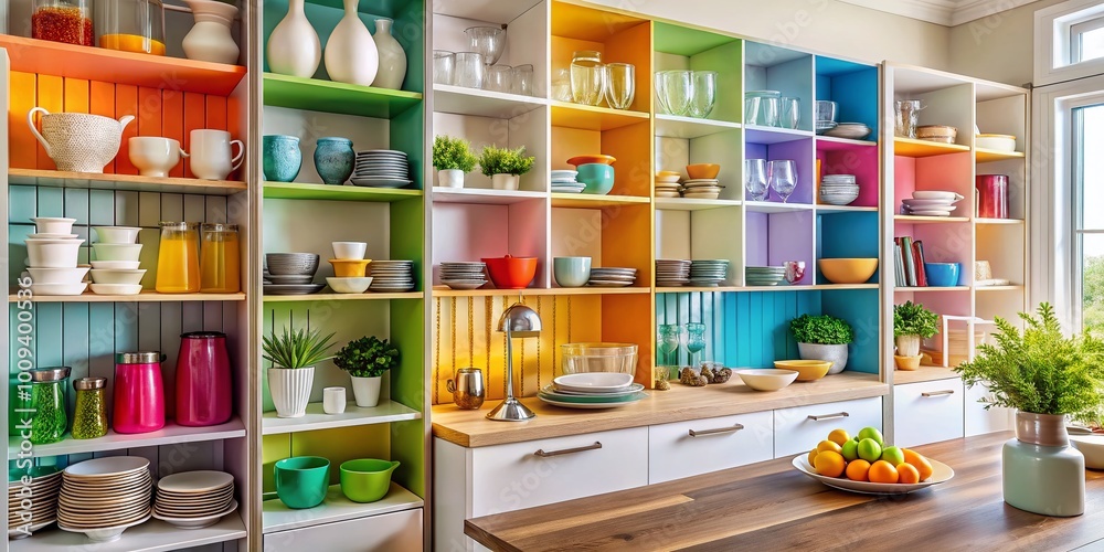 Modern kitchen cupboard with open shelves displaying various dishes and glassware in bright setting Modern kitchen cupboard with open shelves displaying various dishes and glassware in bright setting