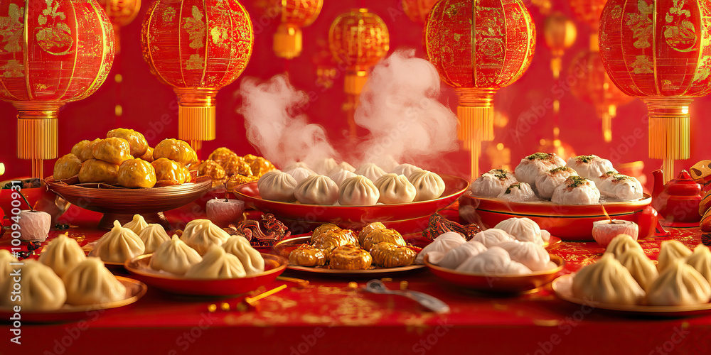A Chinese New Year's feast, filled with red lanterns, gold decorations, and delicious dumplings steaming on a red-and-gold table. A Chinese New Year's feast, filled with red lanterns, gold decorations, and delicious dumplings steaming on a red-and-gold table.