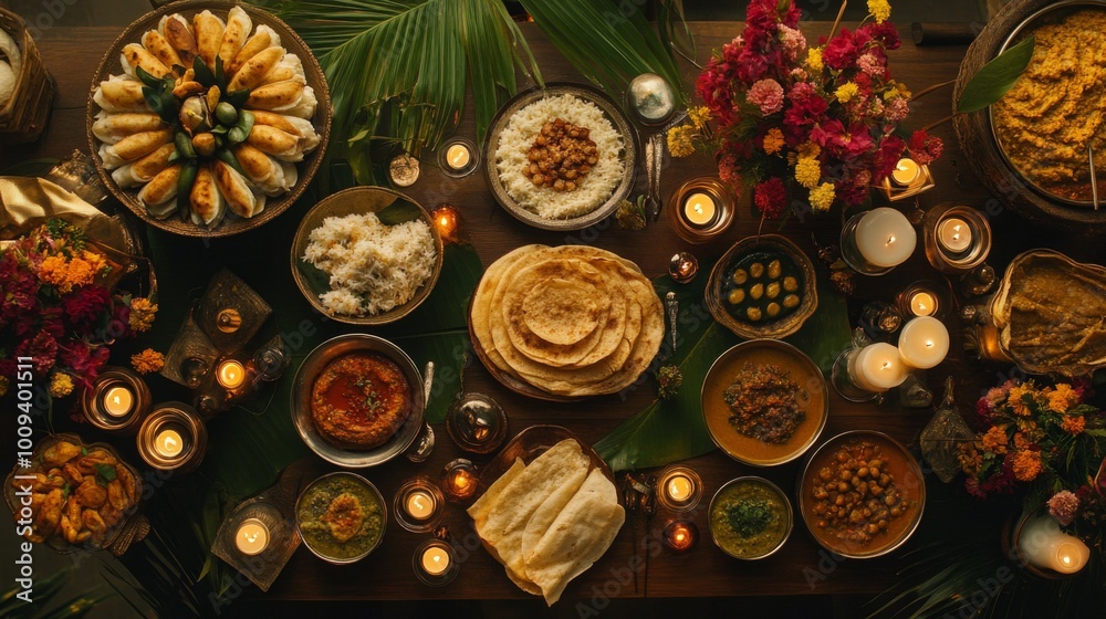 Festive Table with Diverse Dishes and Colorful Flowers