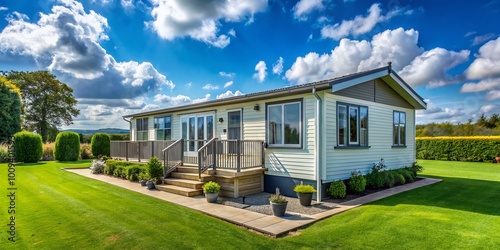 Modern Manufactured Home in a Scenic Setting with Green Grass and Blue Sky for Outdoor Living