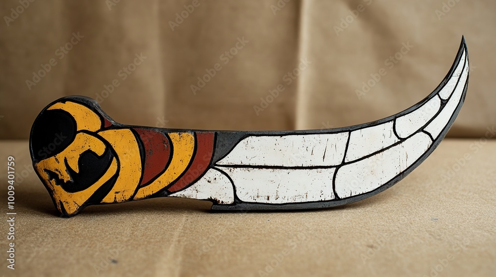 Hand-Painted Tribal Art Carving: Colorful Geometric Design Hand-Painted Tribal Art Carving: Colorful Geometric Design