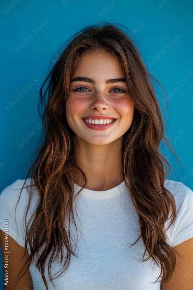 Excited young woman smiling at the camera against a blue background, Generative AI Excited young woman smiling at the camera against a blue background, Generative AI