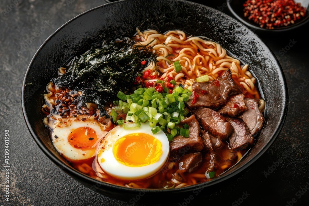 A delicious bowl of ramen featuring noodles, egg, beef, seaweed, and green onions. A delicious bowl of ramen featuring noodles, egg, beef, seaweed, and green onions.