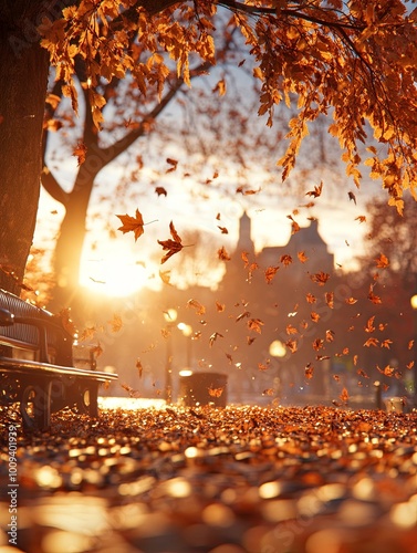 Autumn Leaves Falling in a City Park at Sunset